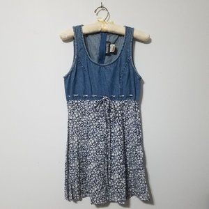 Denim and Rayon Floral Print Mini Dress | Size 7/8 | Tickets Brand